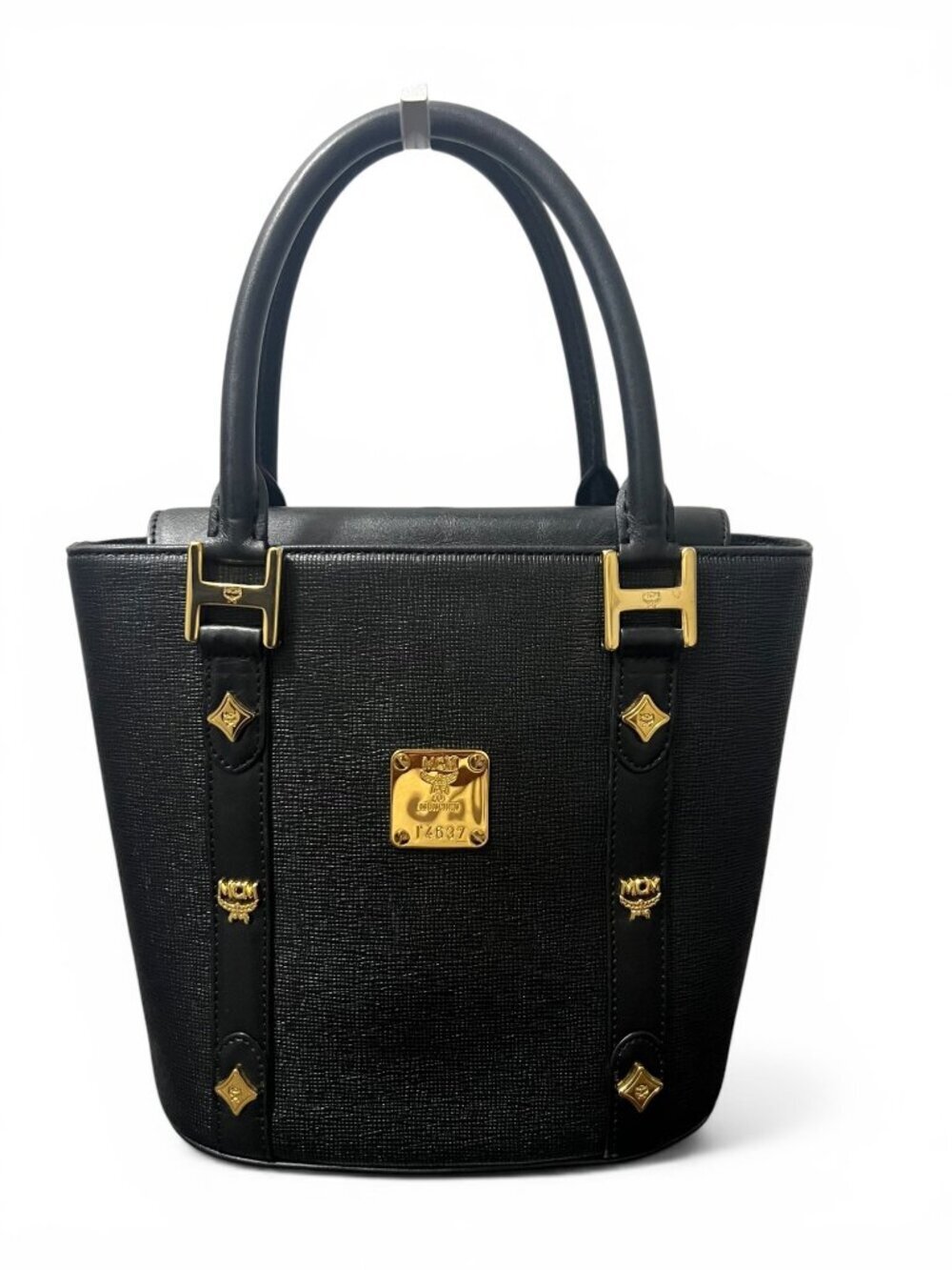 MCM Black Leather Small Bucket Bag With Gold Hardware & Logo Accents